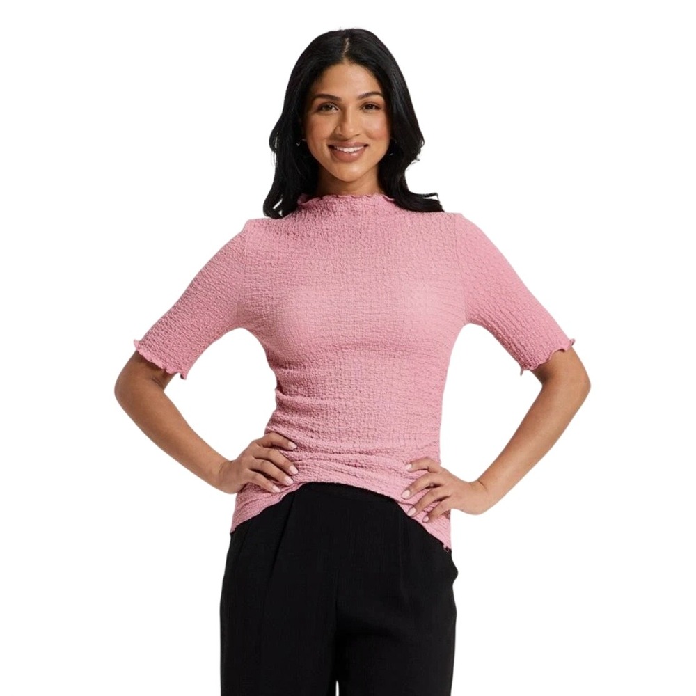 Womens Short Sleeve Mock Neck Textured Popcorn Top Pink Small Lettuce Edge - Picture 2 of 4